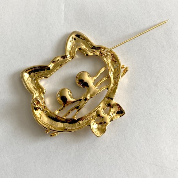 Gold Cat Face Rhinestone Pin Brooch (2 Inches) - Picture 3 of 5